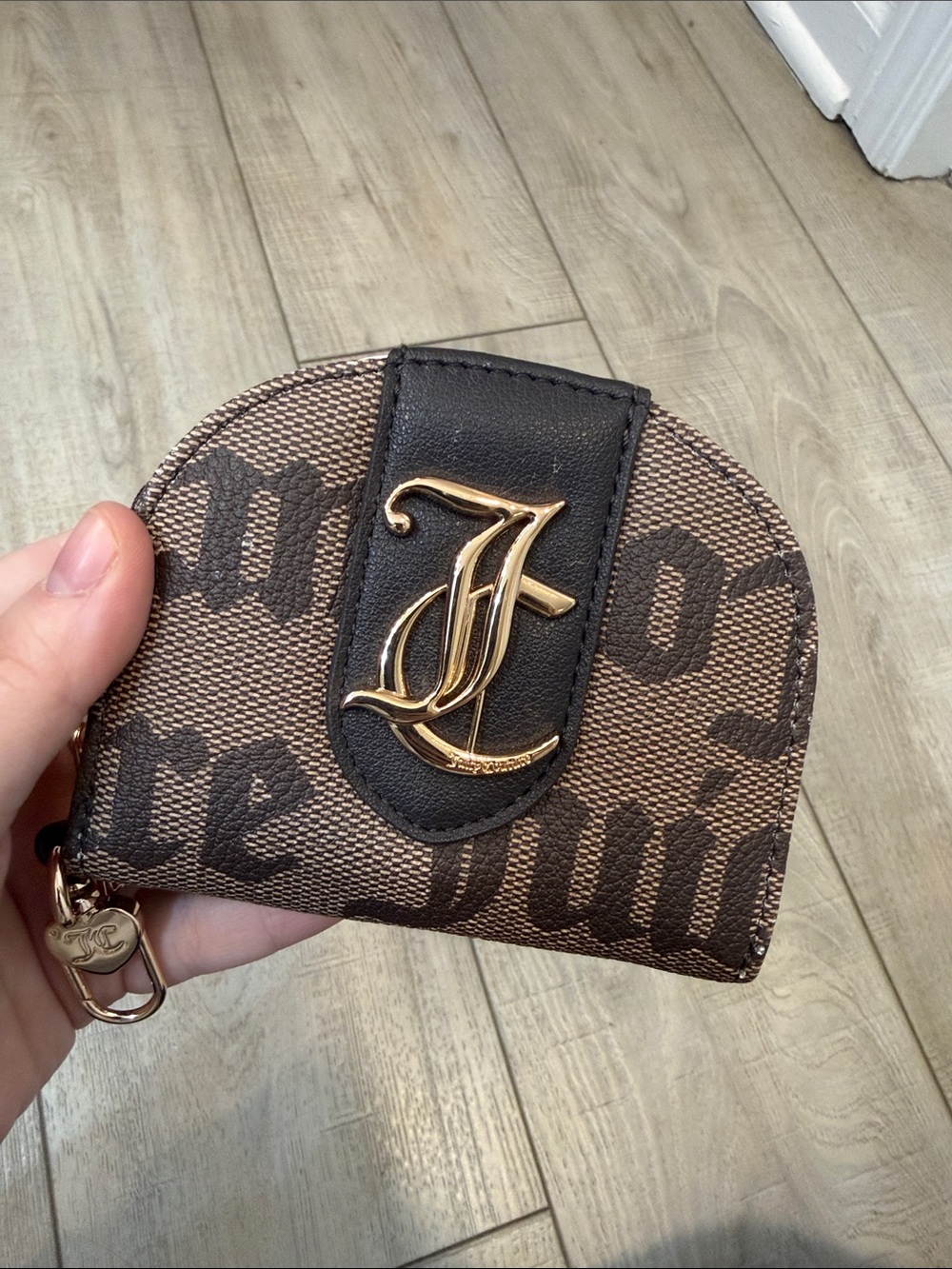 Juicy Couture Monogram Leather Accent Brown Coin Pouch with Gold Emblem
